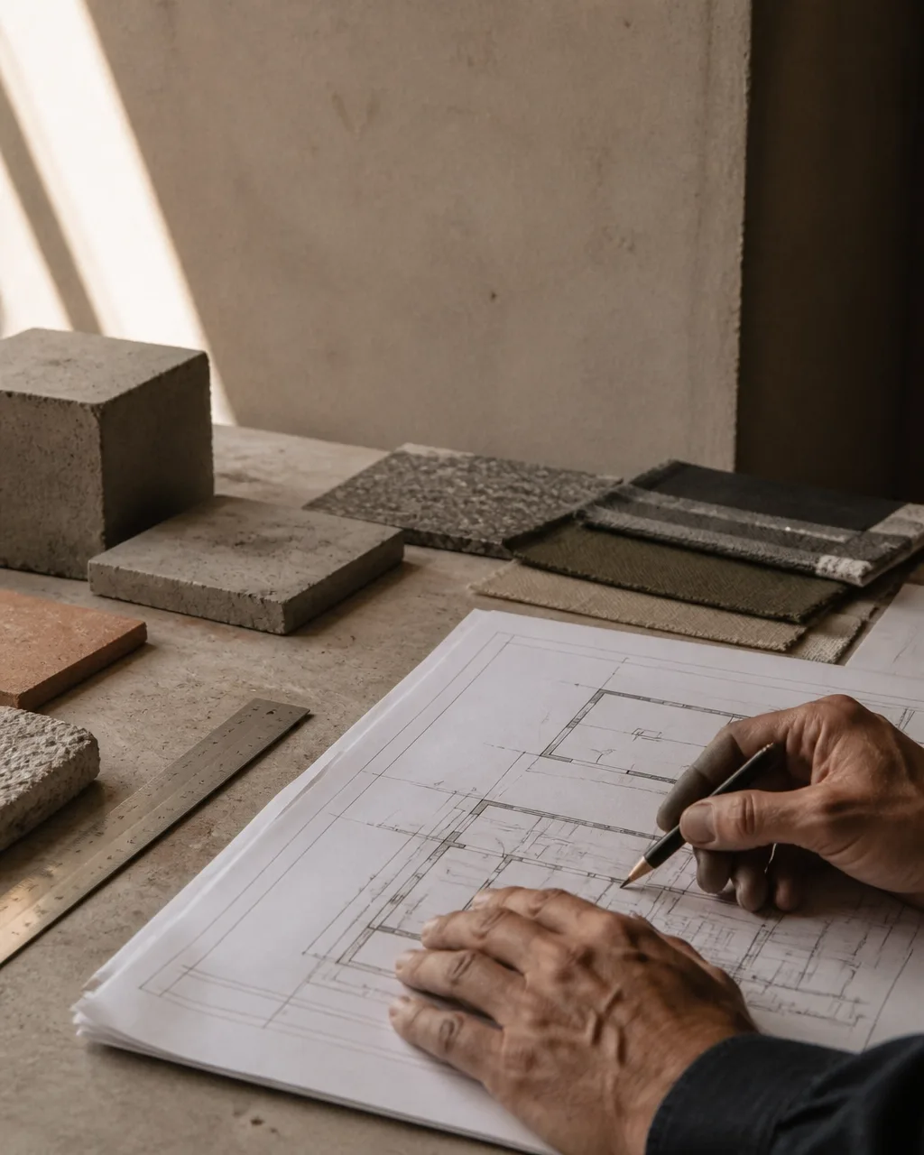Plano arquitectónico y muestras de acabados sobre una mesa de trabajo