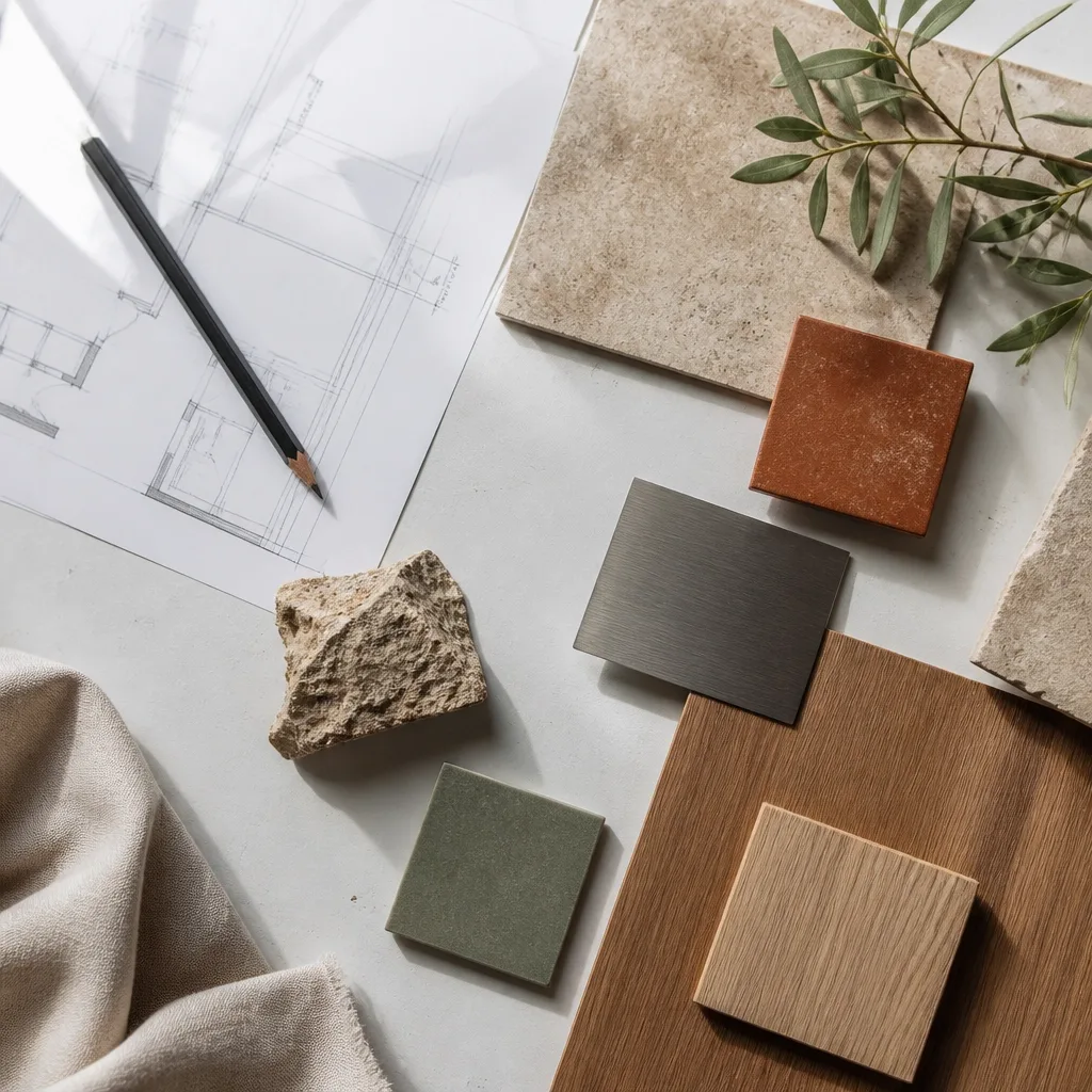 Planos y muestras de piedra, madera y metal sobre una mesa de trabajo
