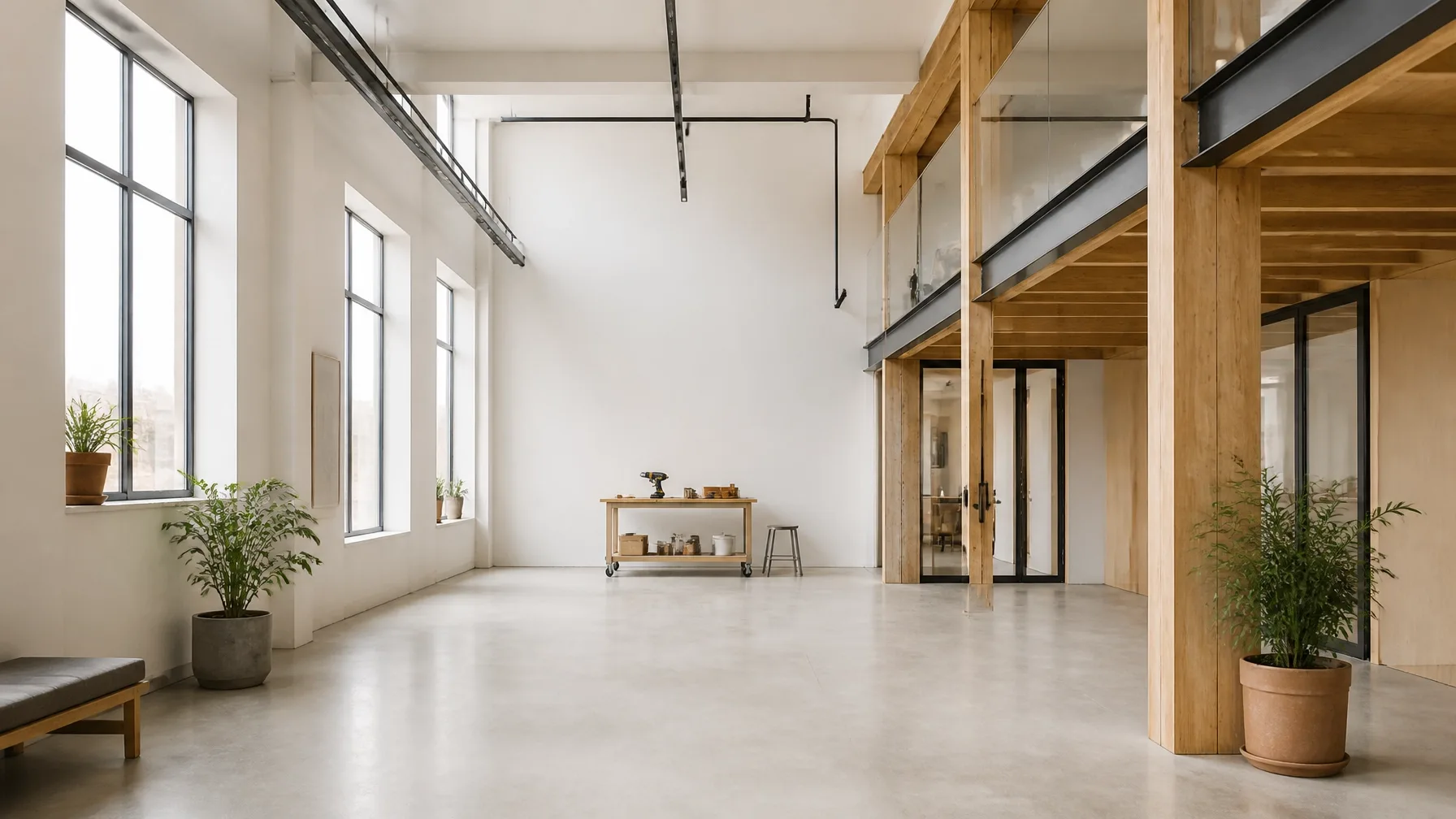 Interior comercial luminoso con estructura de madera, concreto y herramientas de trabajo